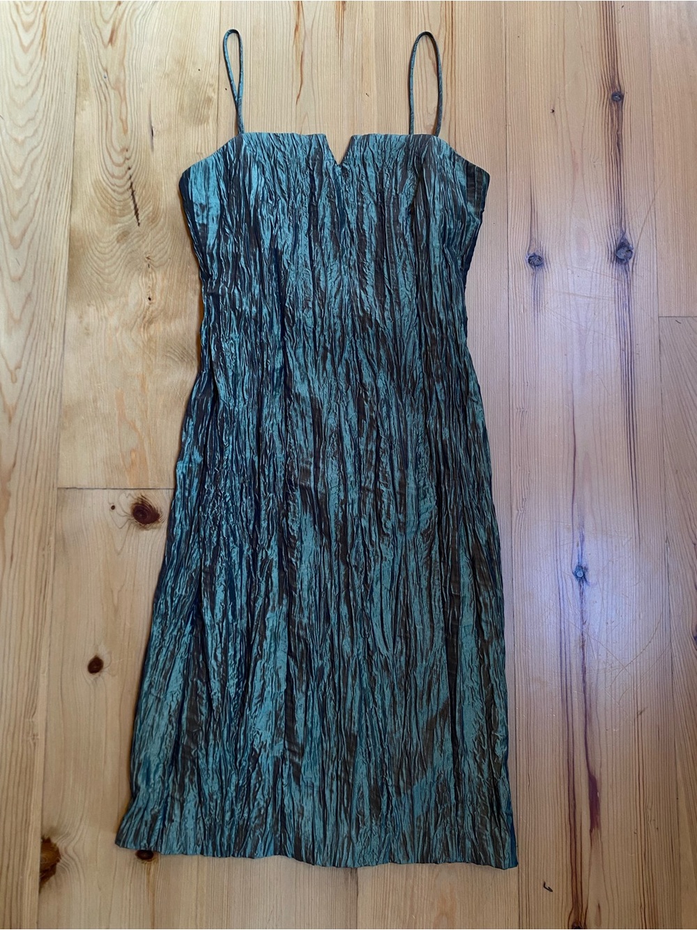 Joseph Ribkoff Textured Teal-Green Crinkle Midi Dress Vintage Size 2 Moss Green